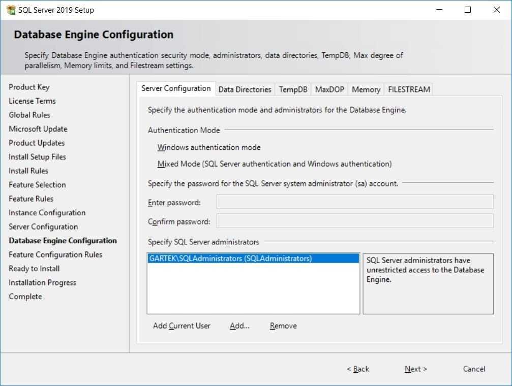 SQL Server 2019 - Database Engine Configuration and SQL Server Admins