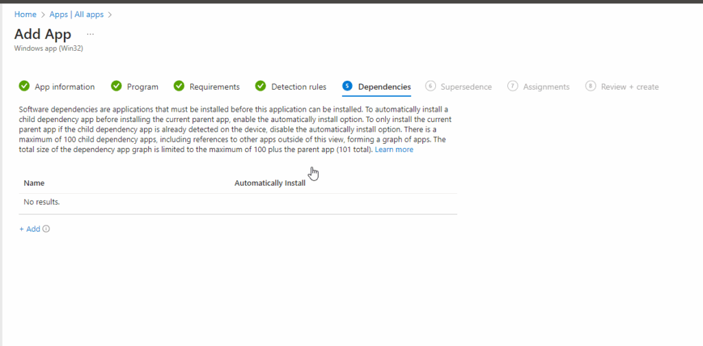 Dependencies screen with option to add apps