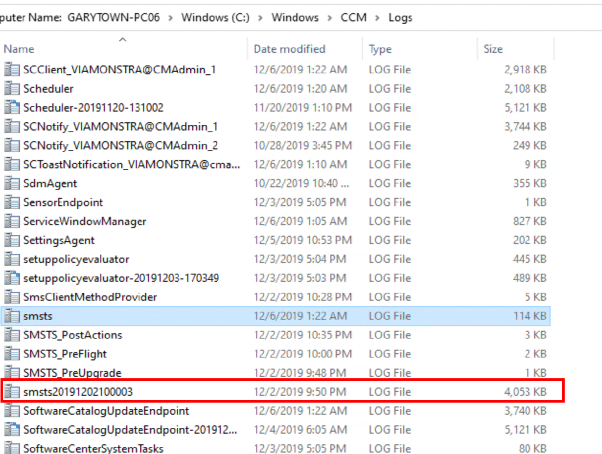 Rename the current c:windowsccmlogssmsts.log file to smsts[TIMESTAMP].log