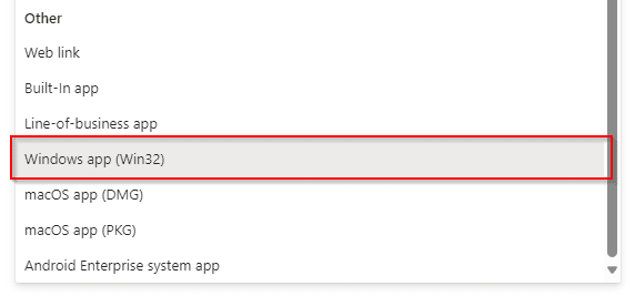 Selecting the windows app (Win32)