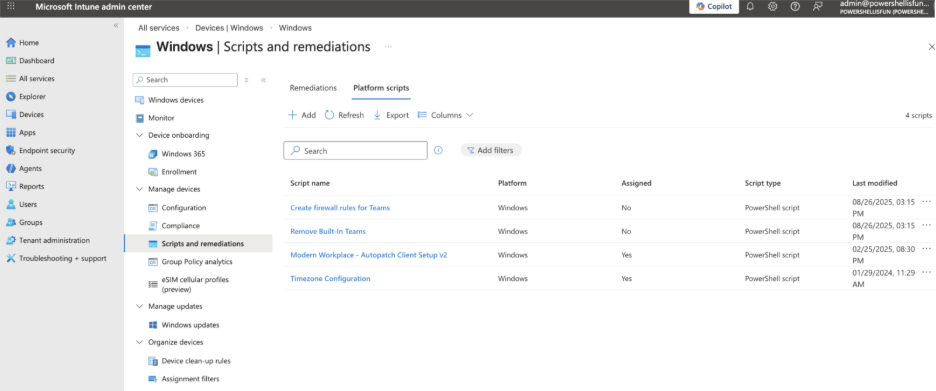 Scripts and remediations screen in the Microsoft Intune Admin Center
