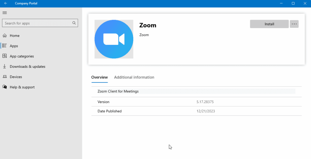 Company Portal test with Zoom install screen