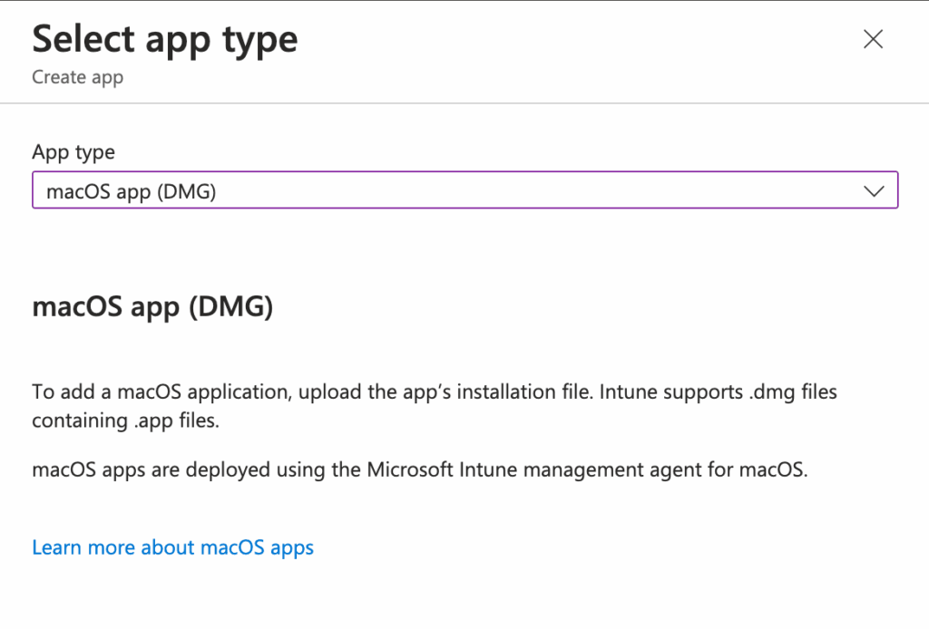 Deploy DMG Applications - App type selection