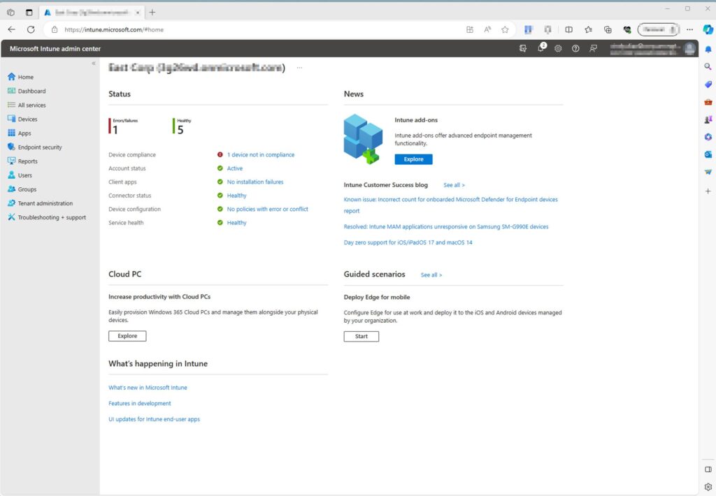 Microsoft Intune Admin panel