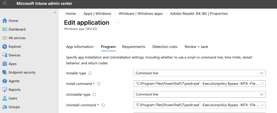 Command-line installer type shown within the Microsoft Intune Admin Center