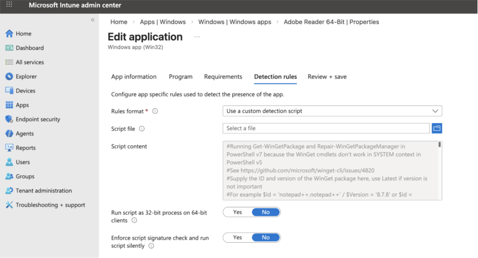 Detection rules screen within the Microsoft Intune Admin Center