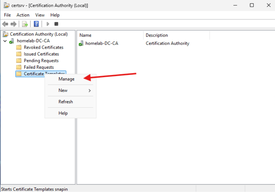 Creating a Certificate Authority - Manage certificate templates