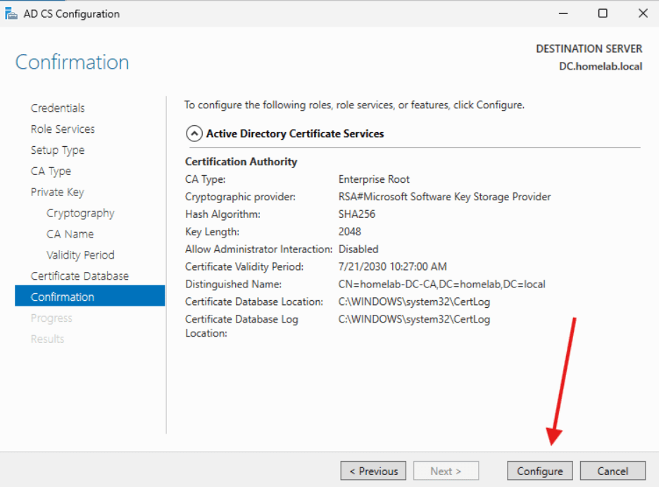 Creating a Certificate Authority -  Confirmation screen