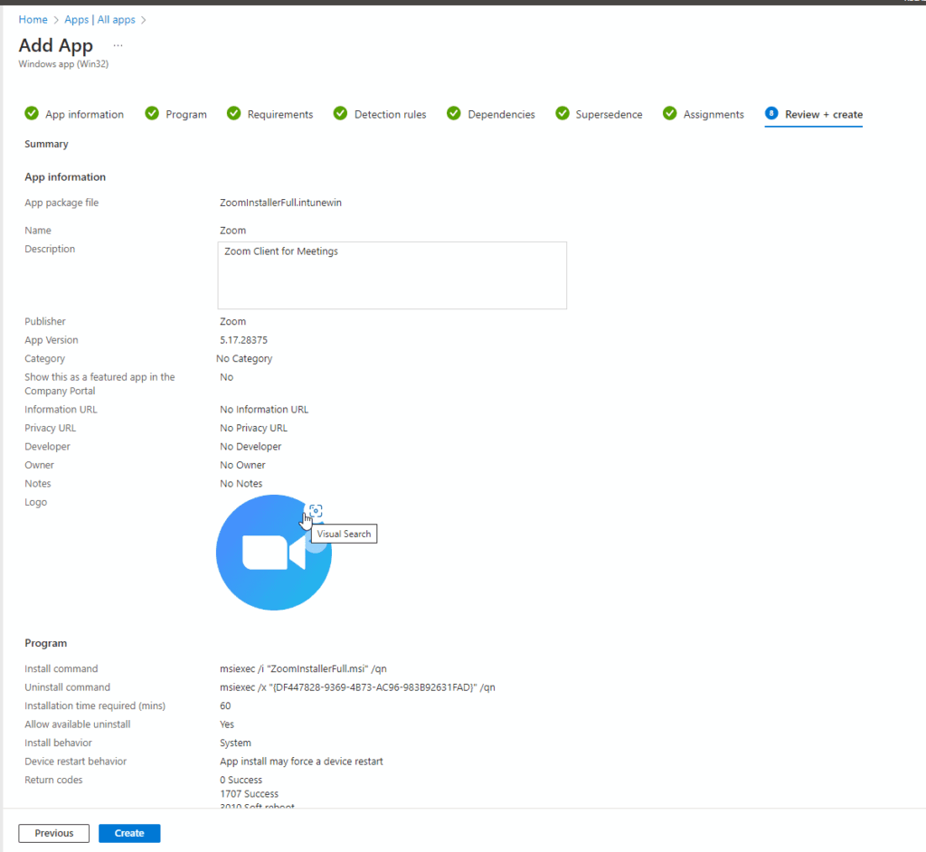 Review application and click create