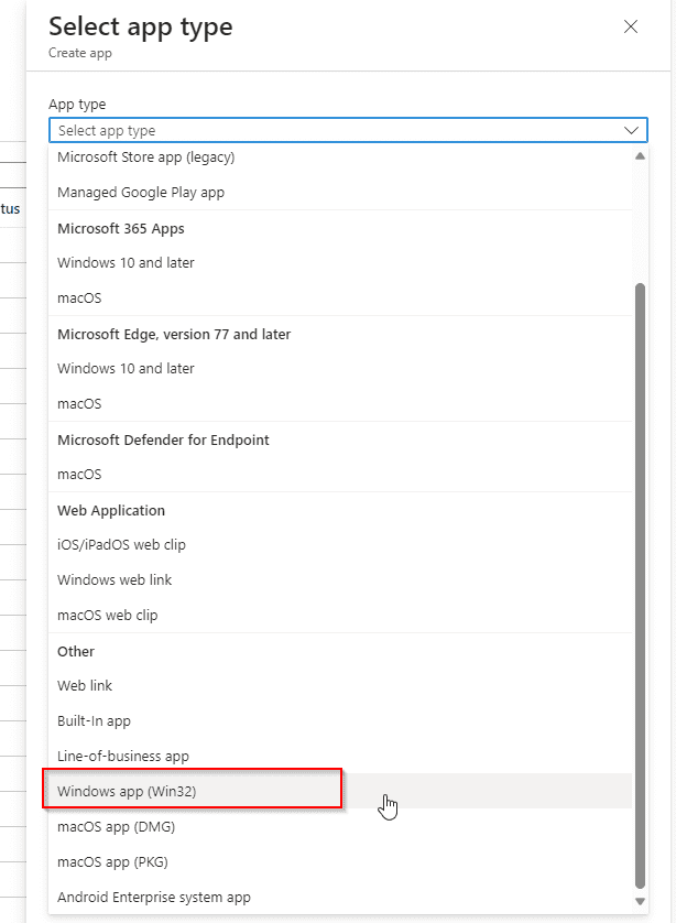 Select Windows app (Win32) and upload the .intunewin file from the Output folder