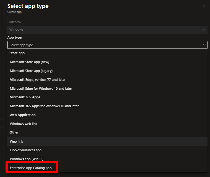 Screenshot from Intune showing the drop down sleector for app type when creating an application in Intune. The option "Enterprise App Catalog app" is highlighted in red.