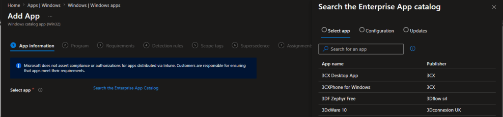Screenshot from Intune showing Enterprise App catalog fly-in panel with available applications listed.