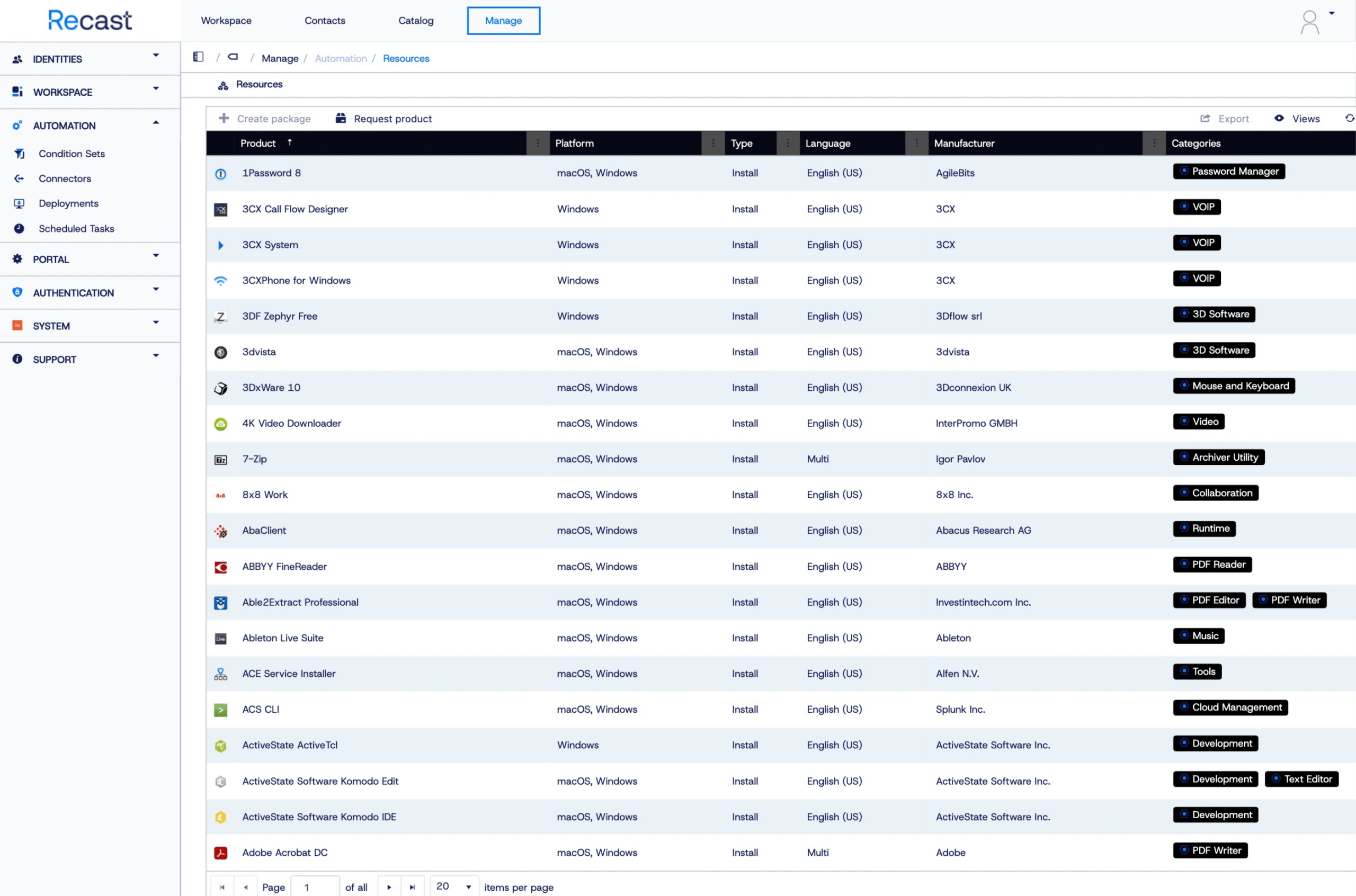 A screenshot from within Application Workspace. It shows off the Recast Setup Store connector and available applications to import.
