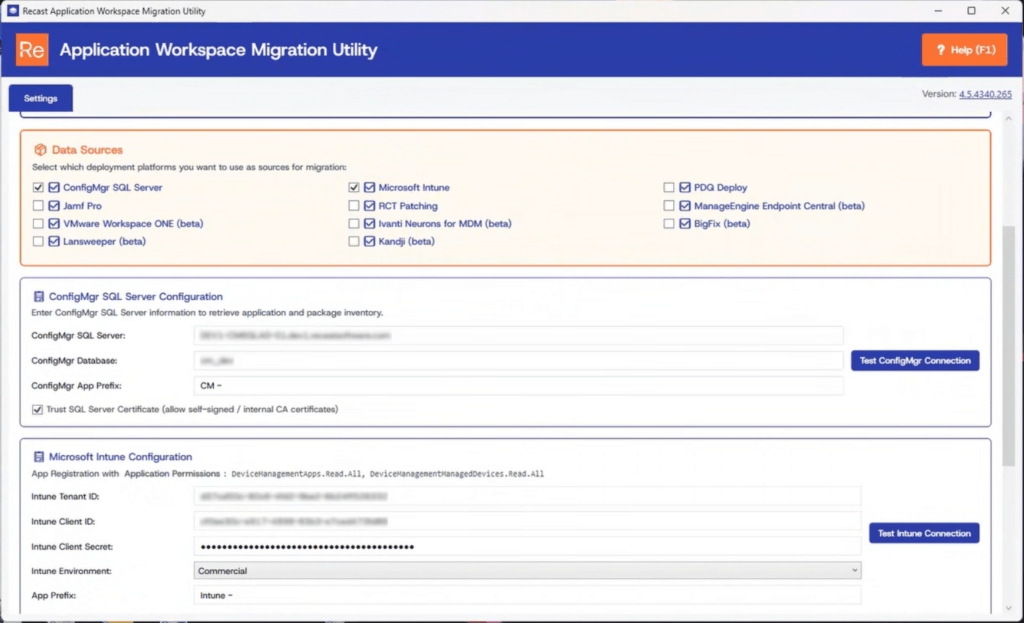 Screenshot showing the Recast Application Workspace Migration Utility, specifically the tab with all the possible source options to match and/or import from.