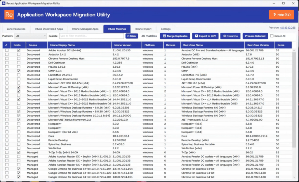 Screenshot showing the Recast Application Workspace Migration Utility, specifically the tab for what applications in AW have matched to the current apps within a demonstrated Intune tenant.