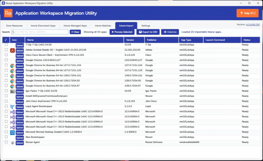 Screenshot showing the Recast Application Workspace Migration Utility, specifically the tab for what applications in AW can be directly imported from Intune right into AW.