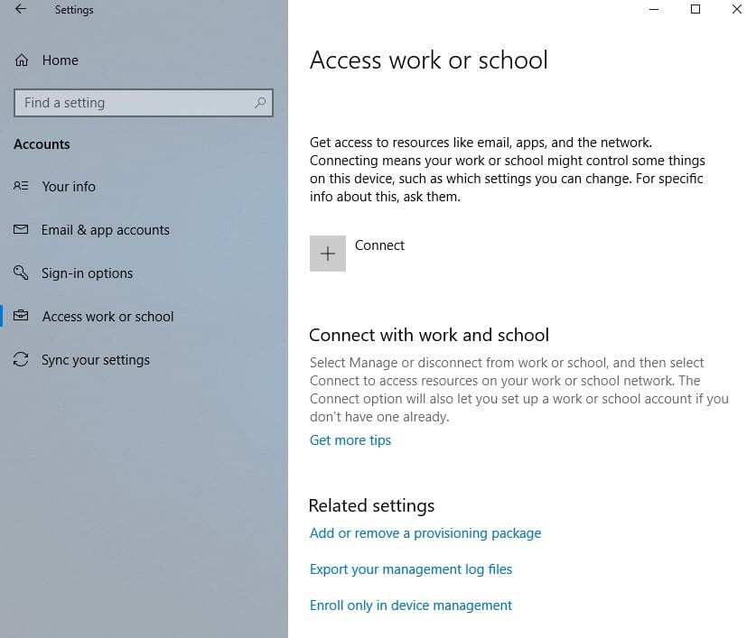 Enable Intune - Access Work or School Node