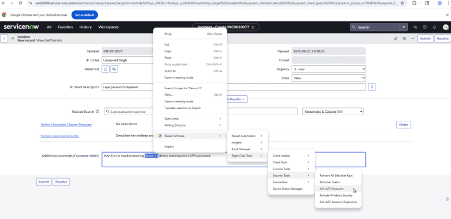 LAPS Password in ServiceNow