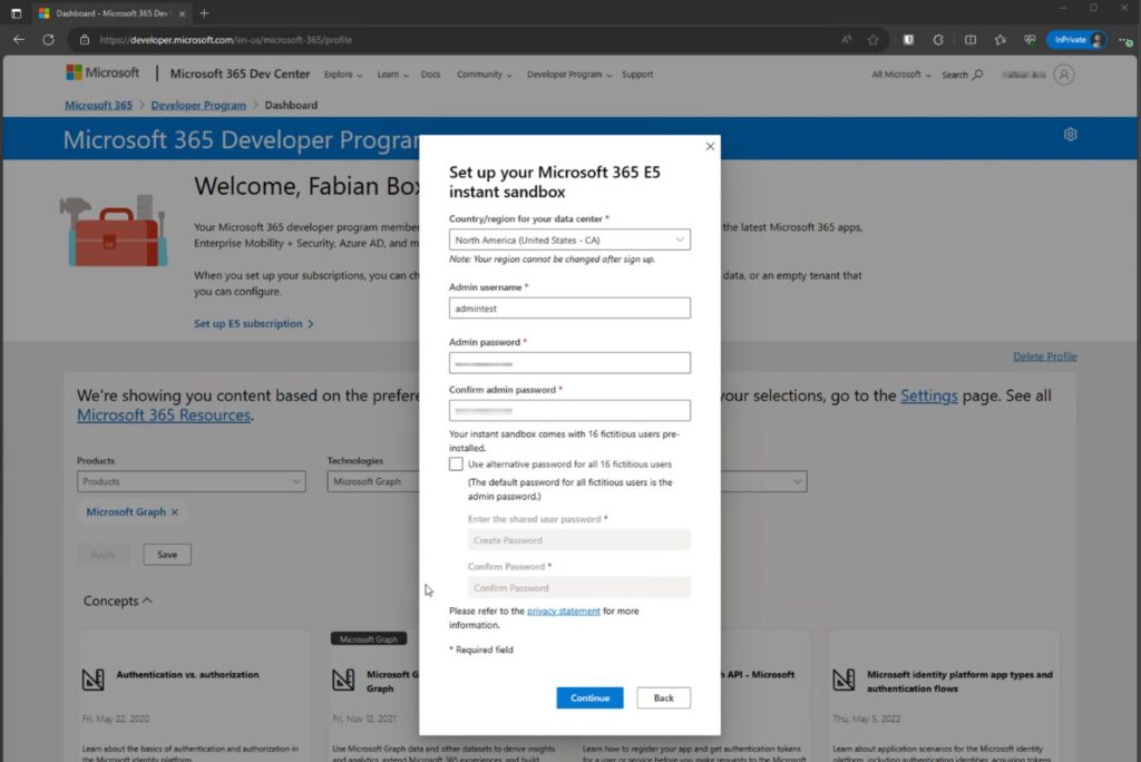 Microsoft 365 E5 instant sandbox username and password