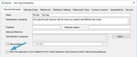 Allow this application to be installed from the Install Application task sequence action without being deployed check box.
