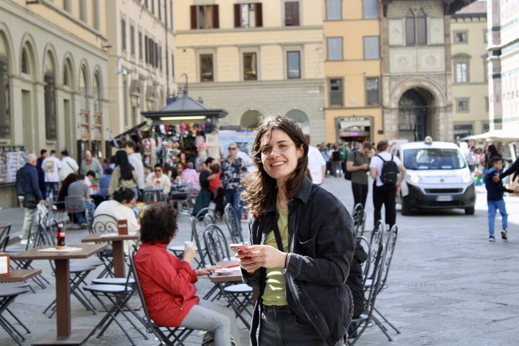 Virginia Mellano in outside cafe