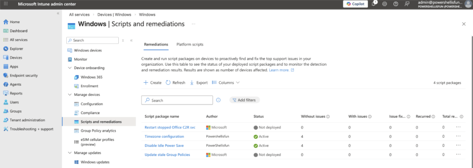 Scripts and remediations screen within the Microsoft Intune Admin Center