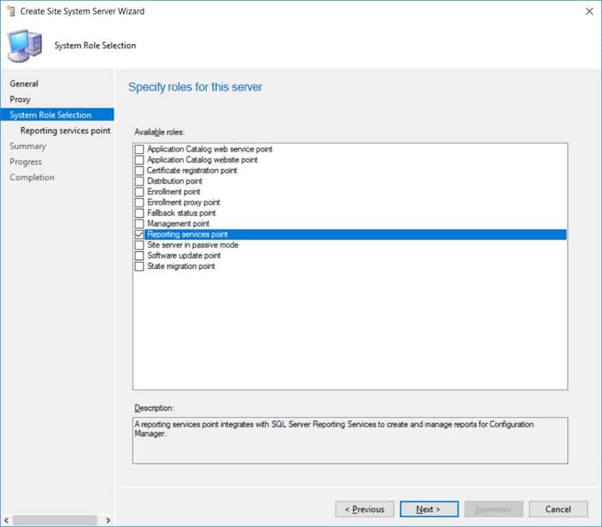 SCCM Reporting Services Point - System Role Selection Node