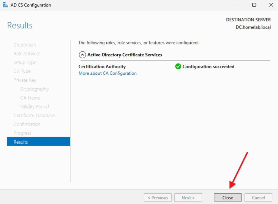 Creating a Certificate Authority - Successful configuration