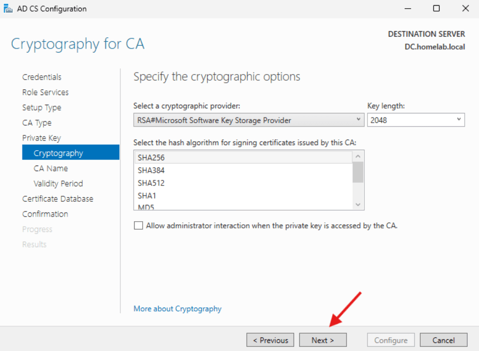 Creating a Certificate Authority - Cryptographic options 