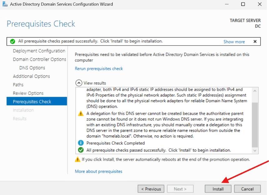 Creating a Domain Controller - Prerequisites check