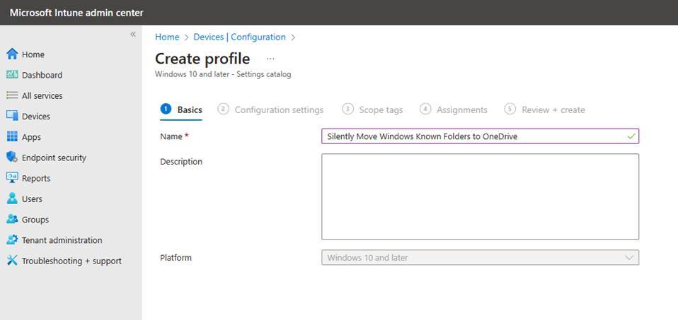Enable Known Folder Move with Intune - name and description