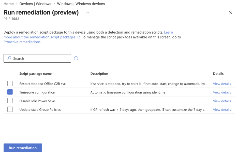 Deploy PowerShell scripts with Intune - Selecting remediation to run