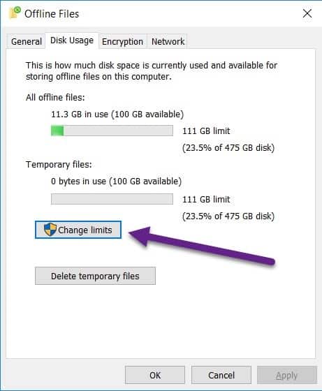 Windows 10 Offline Files - Change Cache Size