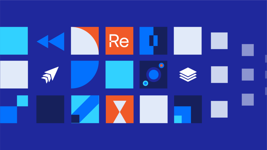 Colorful image with blue, orange, and white squares on a blue background