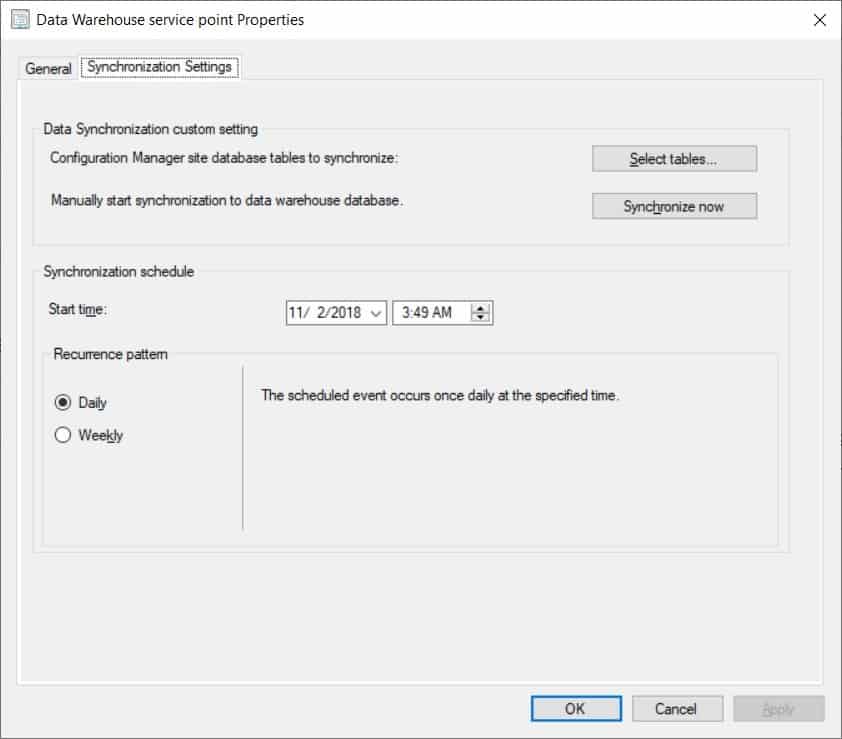 Add Tables to the ConfigMgr Data Warehouse - Synchronization Settings Add Tables to the ConfigMgr Data Warehouse - Synchronization Settings