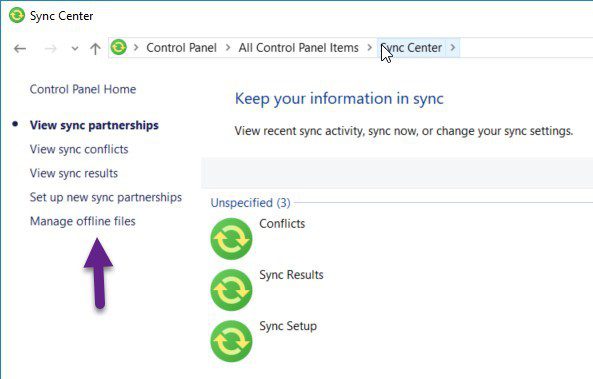 Windows 10 Offline Files - Enable - Sync Center