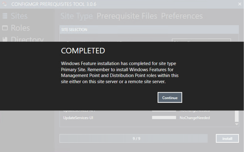 ConfigMgr Prerequisites - Successful feature installation