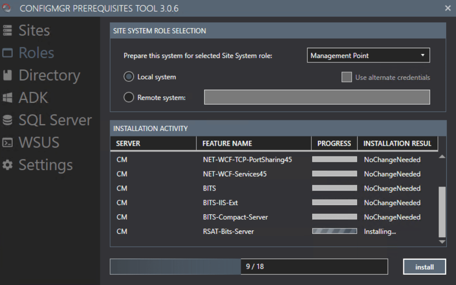 ConfigMgr Prerequisites - Installation progress
