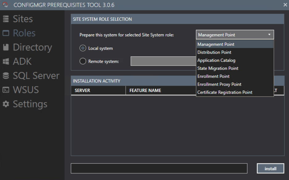 ConfigMgr Prerequisites - Site system role selection