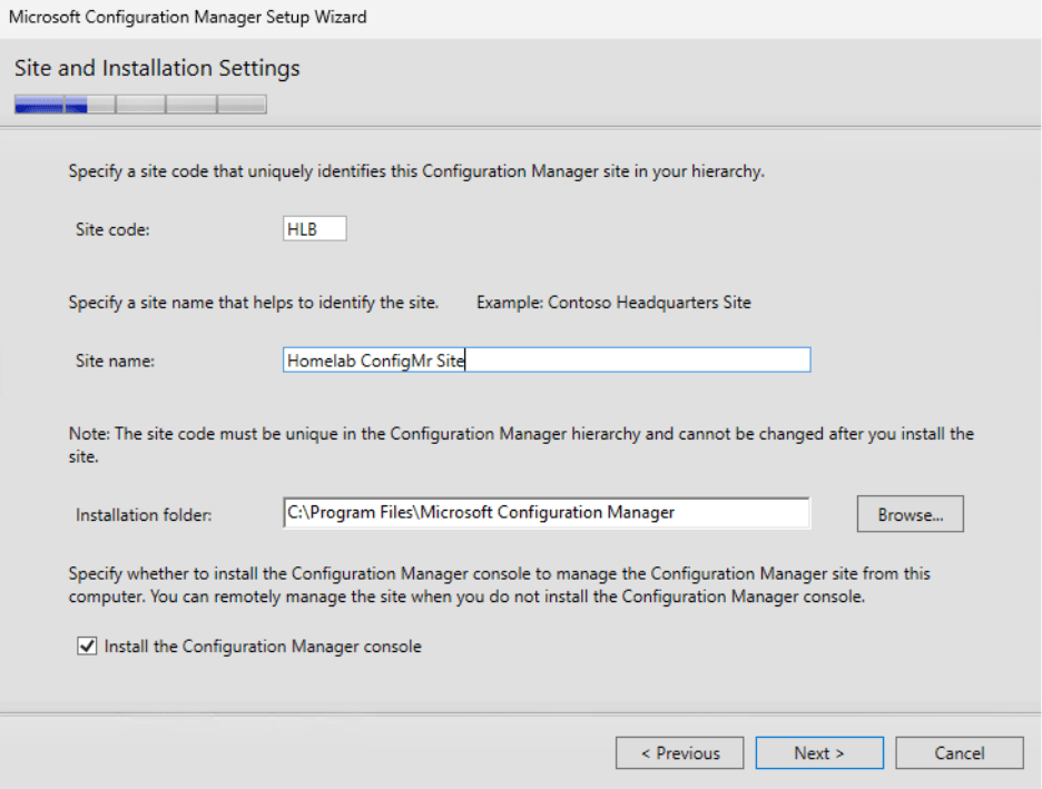 ConfigMgr Install - Site and installation settings 