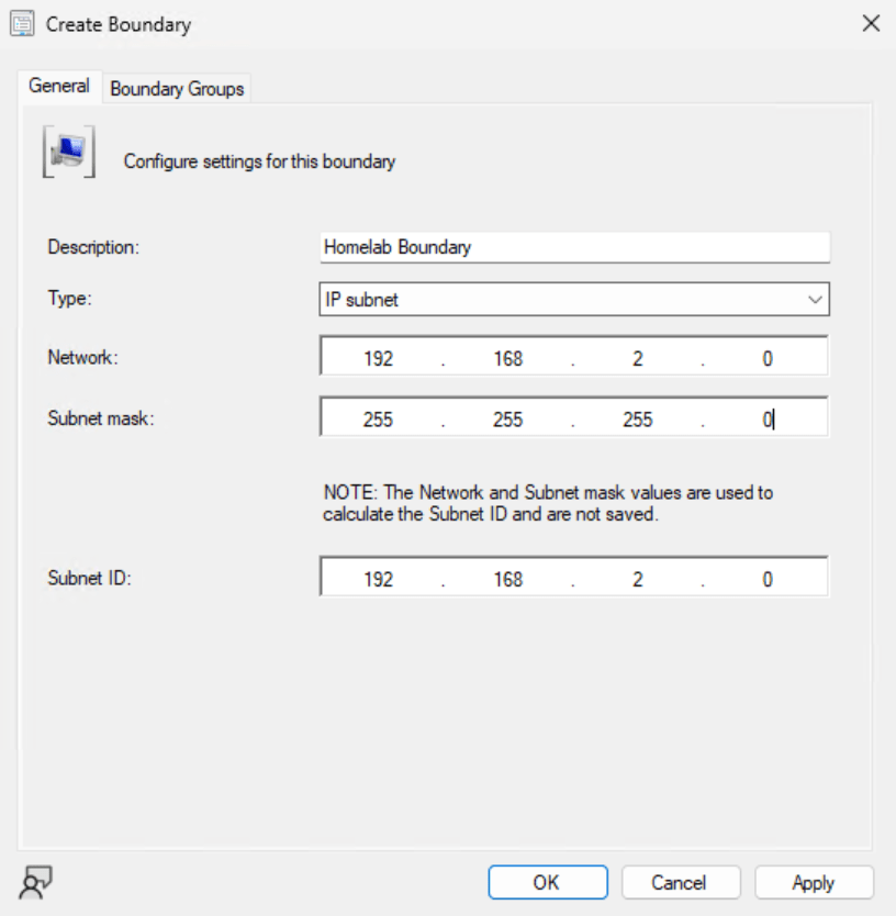 ConfigMgr Settings - IP Subnet Boundary