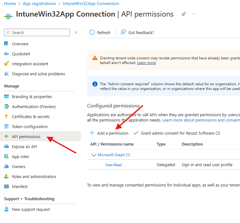 Delete Win32 app dependencies in Intune - Add API Permissions