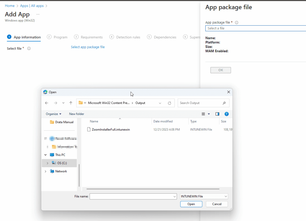Win32 select app package file