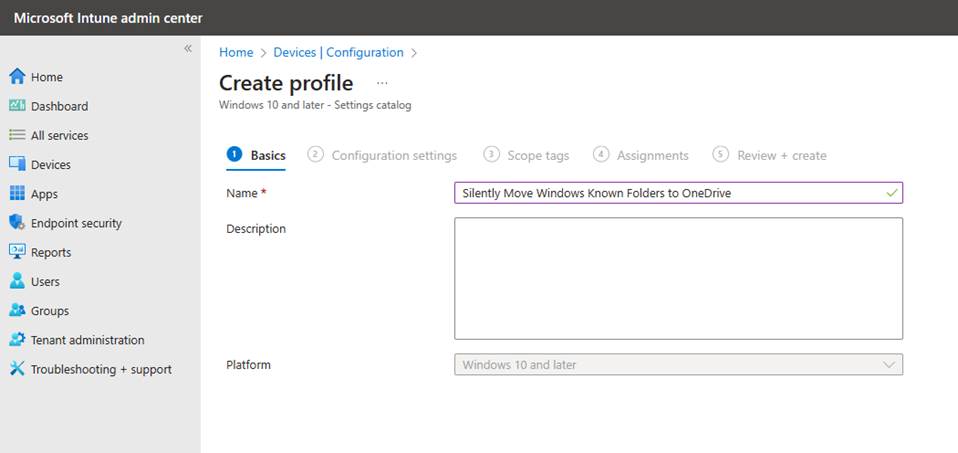 Enable Known Folder Move with Intune - name and description