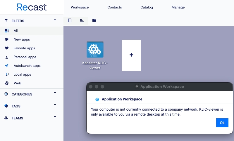 Application Workspace screenshot depicting a pop up notice warning the end user has launched an application off company network as an example of context control.