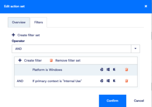 Application Workspace screenshot depicting a filter configuration where the OS must be Windows, and the Internal Use context must both be true.