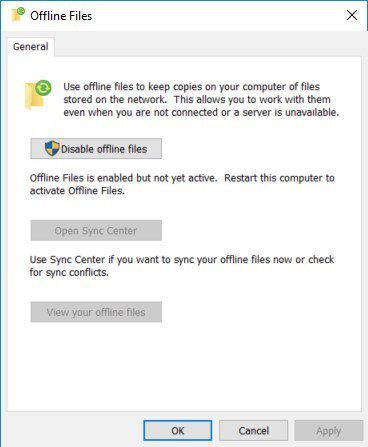 Windows 10 Offline Files - Enable - OK Button Windows 10 Offline Files - Enable - OK Button