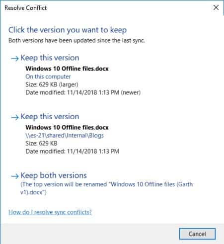 Windows 10 Offline Files - Sync Conflicts - Resolve Conflict Windows 10 Offline Files - Sync Conflicts - Resolve Conflict