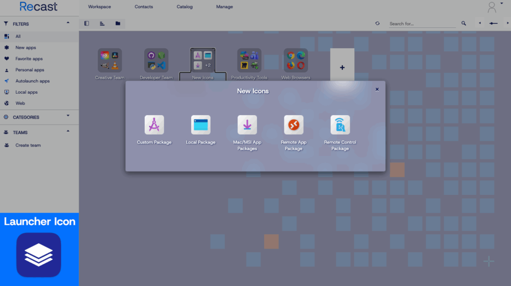 Colorful screenshot of Recast's Application Workspace 4.4 featuring the Show New Default Icons for Packages