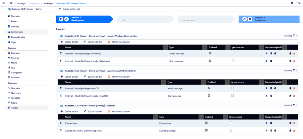 Application Workspace screenshot depicting a custom package setup with all possible scenarios that a single icon could cover.